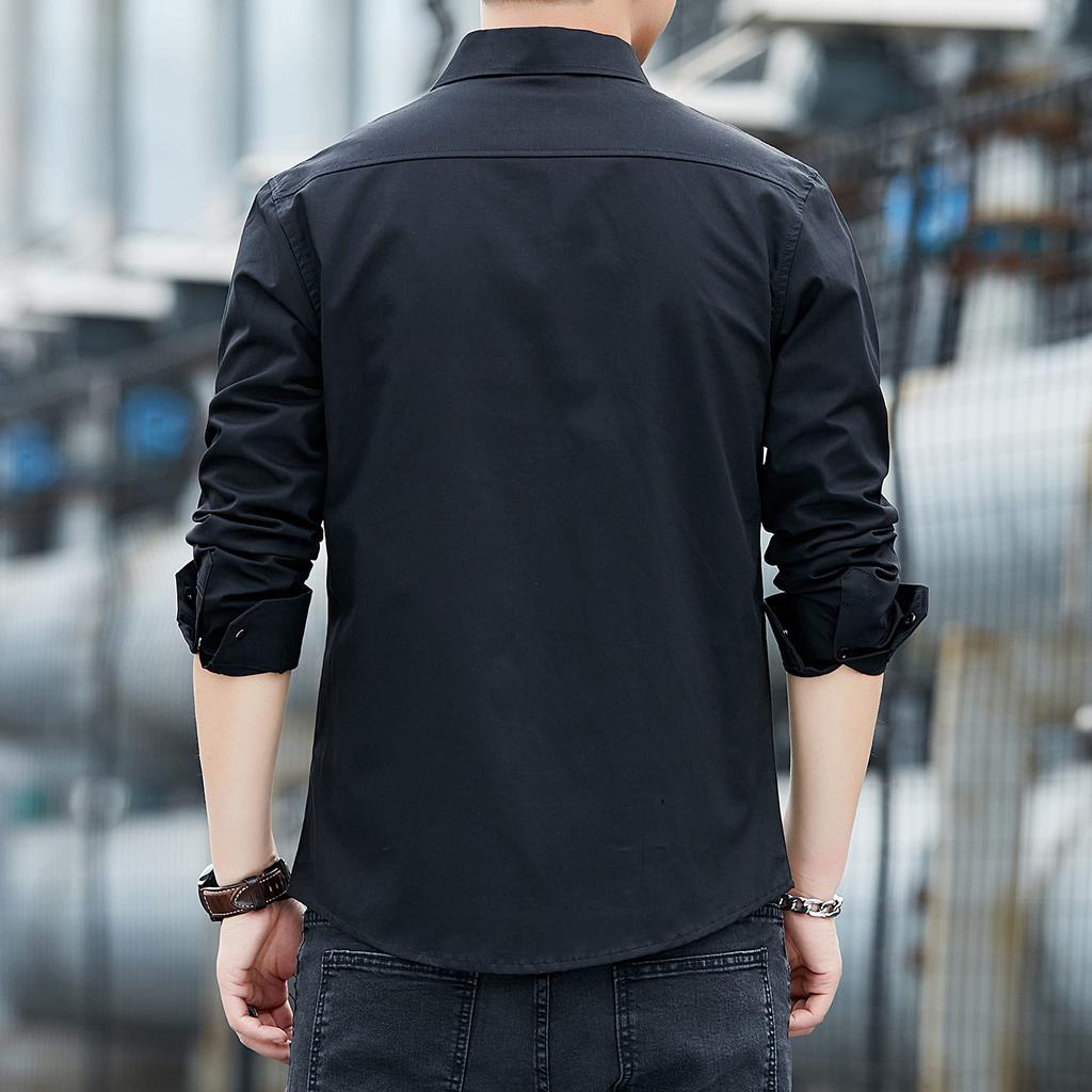 SHANLIANG Long Sleeve Black Shirt with Metal Basic Solid Oxford Shirt Men's Buttons, Color, Business, Color, Casual, Cotton, Fashionable, Spring,