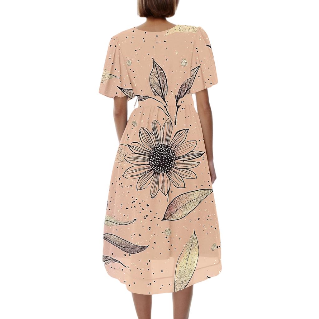 Women’s V Neck Short Sleeve Floral Print Midi Dress with Wrap Waist Tie and Flowing Hem for Casual or Daily Wear