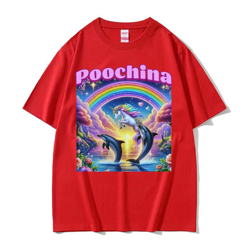 Poochina Brain Rot Ironic Funny Meme Tee Shirt for Men Harajuku Hip Hop Streetwear T-shirt Unisex Oversized Cotton T-shirts Tops