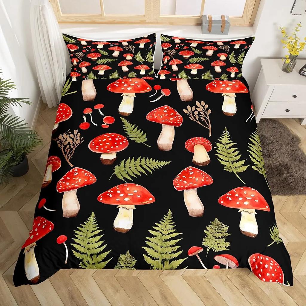 Comforter Cute Mushroom Bedding Set King Queen Size Botanical Comforter Wild Fungus Colorful Plants Leaves