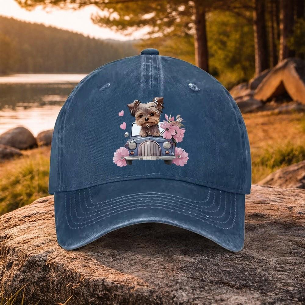 Yorkie Dog in Car Baseball Cap Adjustable Cotton Washed Denim Outdoor Golf Cap