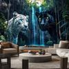 Tapiz de Pantera Blanca y Negra para Colgar en la Pared, Paisaje de Selva Boscosa con Cascada, Decoración de Arte Mural de Animales Genial para Sala de Estar