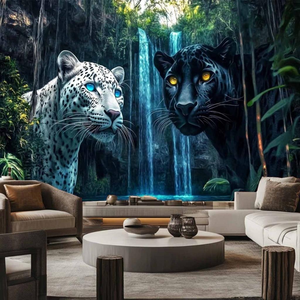 Tapiz de Pantera Blanca y Negra para Colgar en la Pared, Paisaje de Selva Boscosa con Cascada, Decoración de Arte Mural de Animales Genial para Sala de Estar