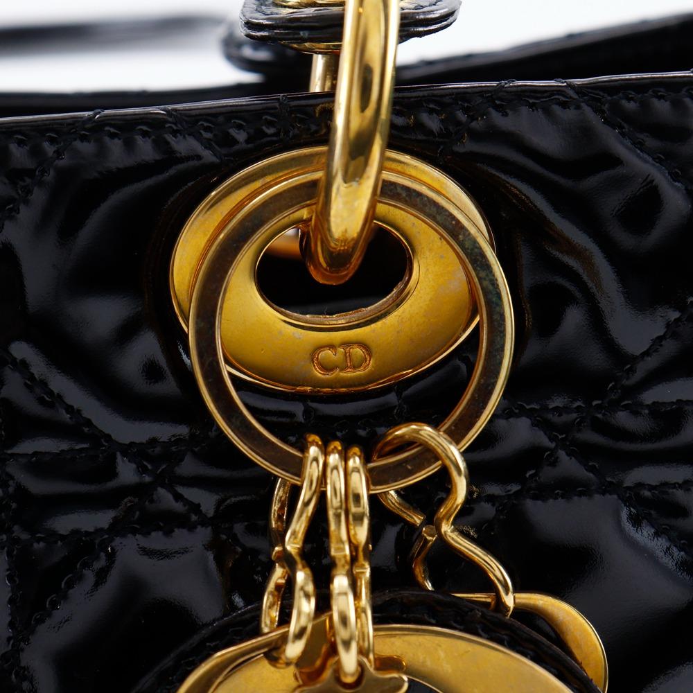 Dior Lady Dior Medium Handbag Canage Black Patent Leather Women Used