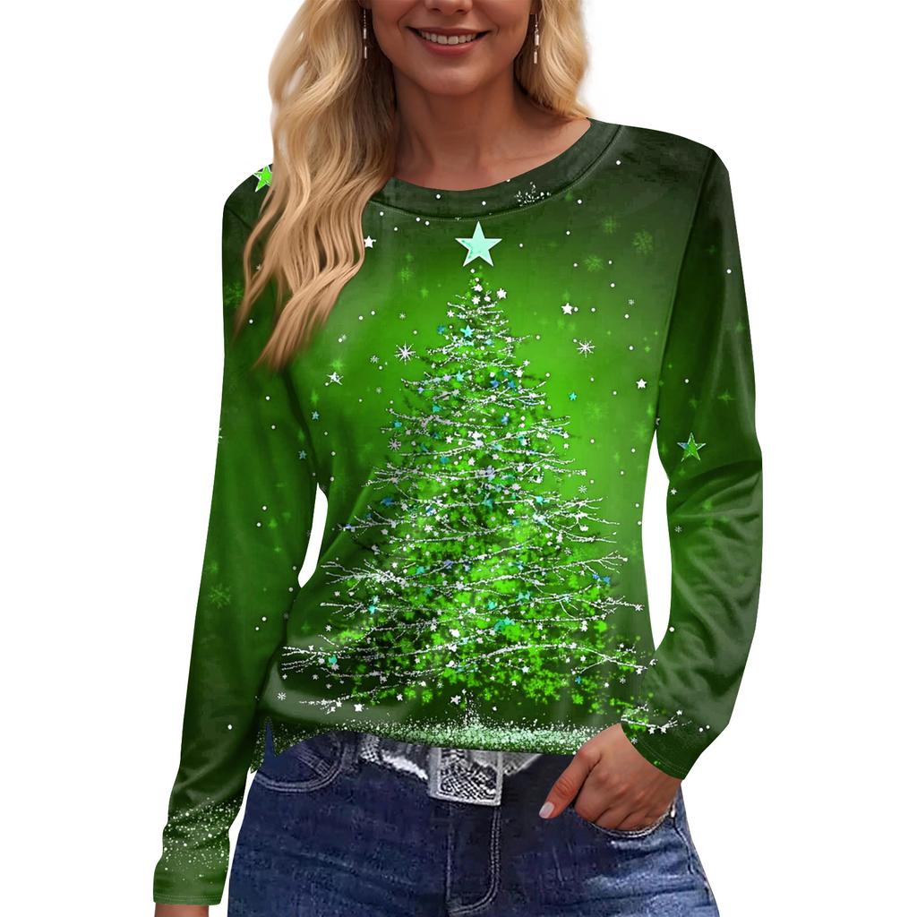 Women's Fashion Casual Slit Hem Round Neck Long Sleeve Loose Printed T-Shirt Ladies Top