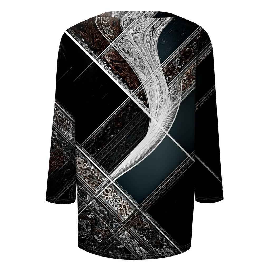 Trendy Vintage 3/4 Sleeve Top For Women,Ladies Casual Three Quarter Sleeve Round Collar Printed T-Shirt Blouse