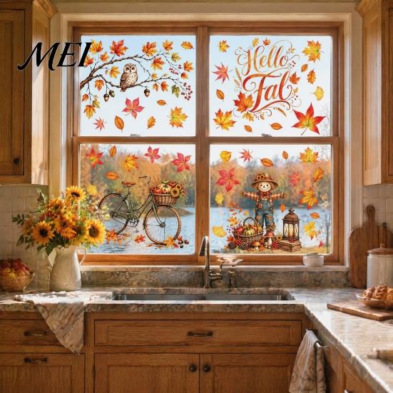 Scarecrow Owl Window Art 6 Sheets Autumn Harvest Static Stickers, Maple Leaves Scarecrows Bicycle Theme Glass Decor Thanksgiving Decals, Reusable PVC