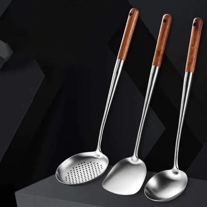 304Lange Steel Rvs Wok Spatel Cooking Equpment Kitchen Utensils Keuken Sleuven Rijst Lepel Kookgerei Gebruiksvoorwerp Set Turner
