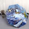 Automatic Open/Close Umbrella with Snowy Village & Christmas Tree Design - 8-Rib Compact Folding Umbrella, Windproof Portable
