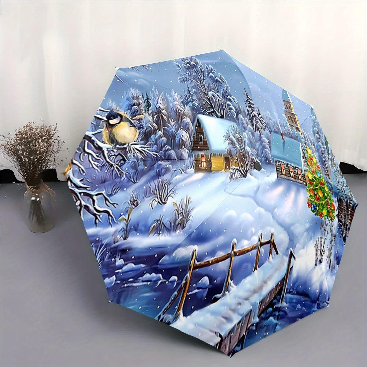 

Automatic Open/Close Umbrella with Snowy Village & Christmas Tree Design - 8-Rib Compact Folding Umbrella, Windproof Portable Iron&8K