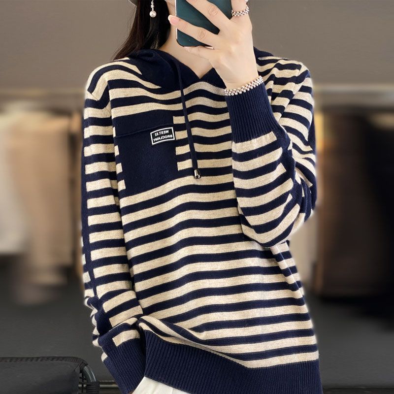 Striped color matching casual hooded knitted sweater women's autumn new fashion knitted sweater women