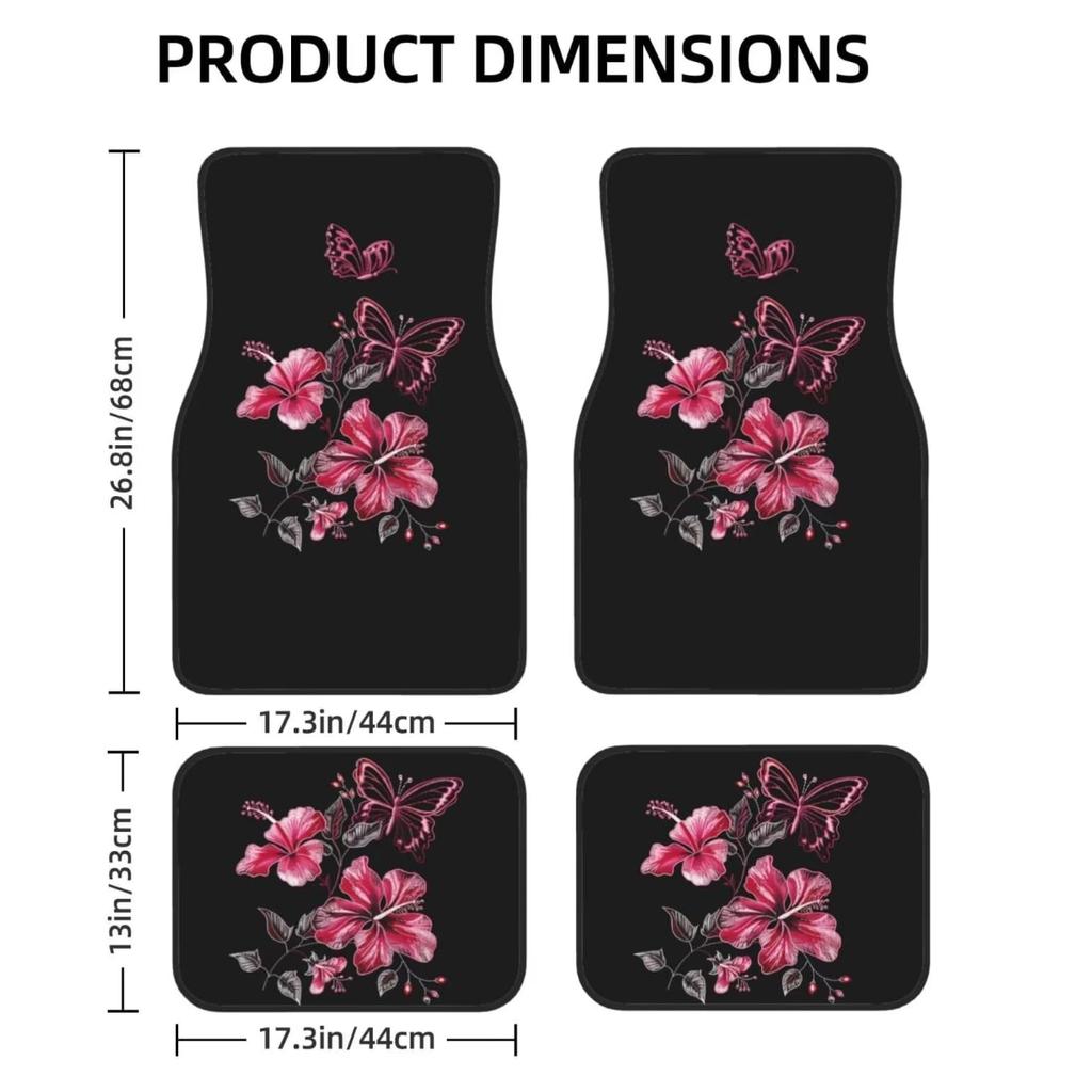 Hibiscus & Butterfly Car Floor Mats Full Set of 4,Black Vehicle Carpets Mat Car Floor Carpets Rugs ,Car Accessories