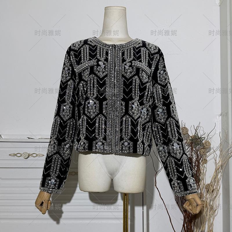 Fashion Yani Court Style Heavy Industry Bead Embroidered Short Jacket Women's Black Cardigan Performance Clothing Top