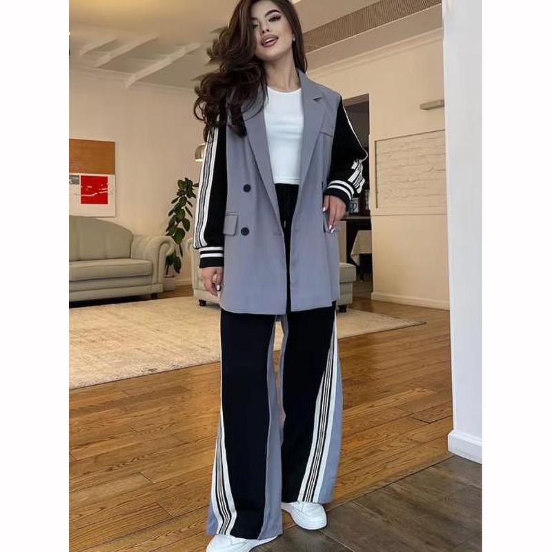 

Casual Patchwork Blazer Pants Women Set Long Sleeve Button Coat Wide Leg Trousers Autumn Fashion Lady Outfit XL сірий