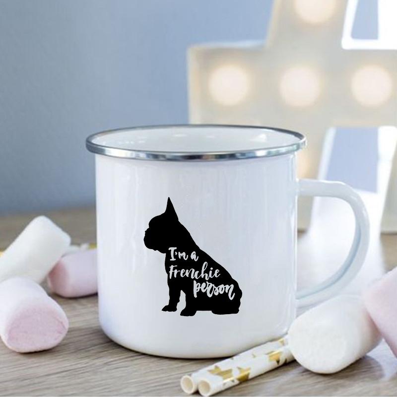 French Bulldog Print Enamel Mug Creative Coffee Cups Drinks Dessert Breakfast Milk Cup Vintage Mugs Handle Drinkware Best Gifts