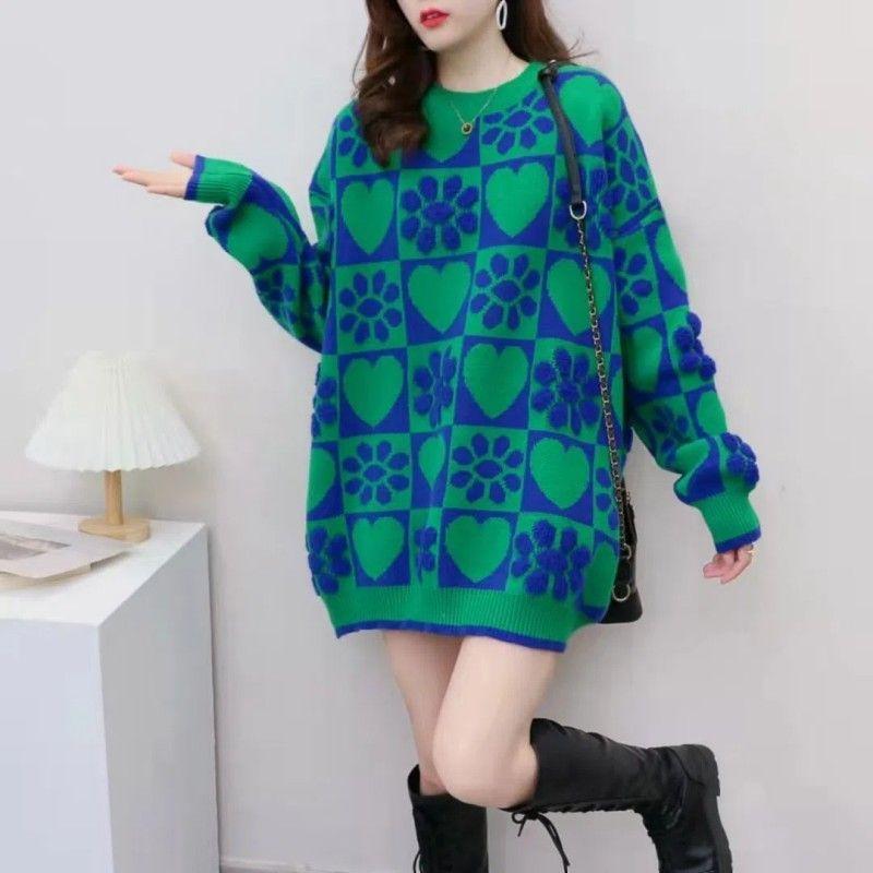 Women's Plus-size Sweater Round-neck Pullover Printed Sweater Loose Knit Top