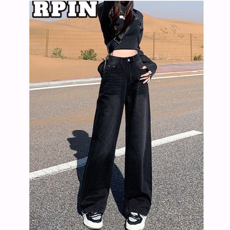 Black-Gray High-Waisted Wide-Leg Jeans for Women - Velvet-Lined, Thick, Loose-Fit, Slimming, Straight-Leg, Floor-Length, Petite, Trendy Pants