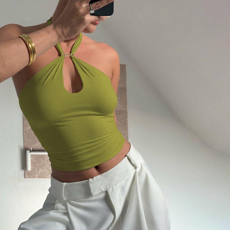 Pure Color Fancy Metal Buckle Halter Lace-up Vest 2025 Summer Wear Sexy Silm Slimming Short Top