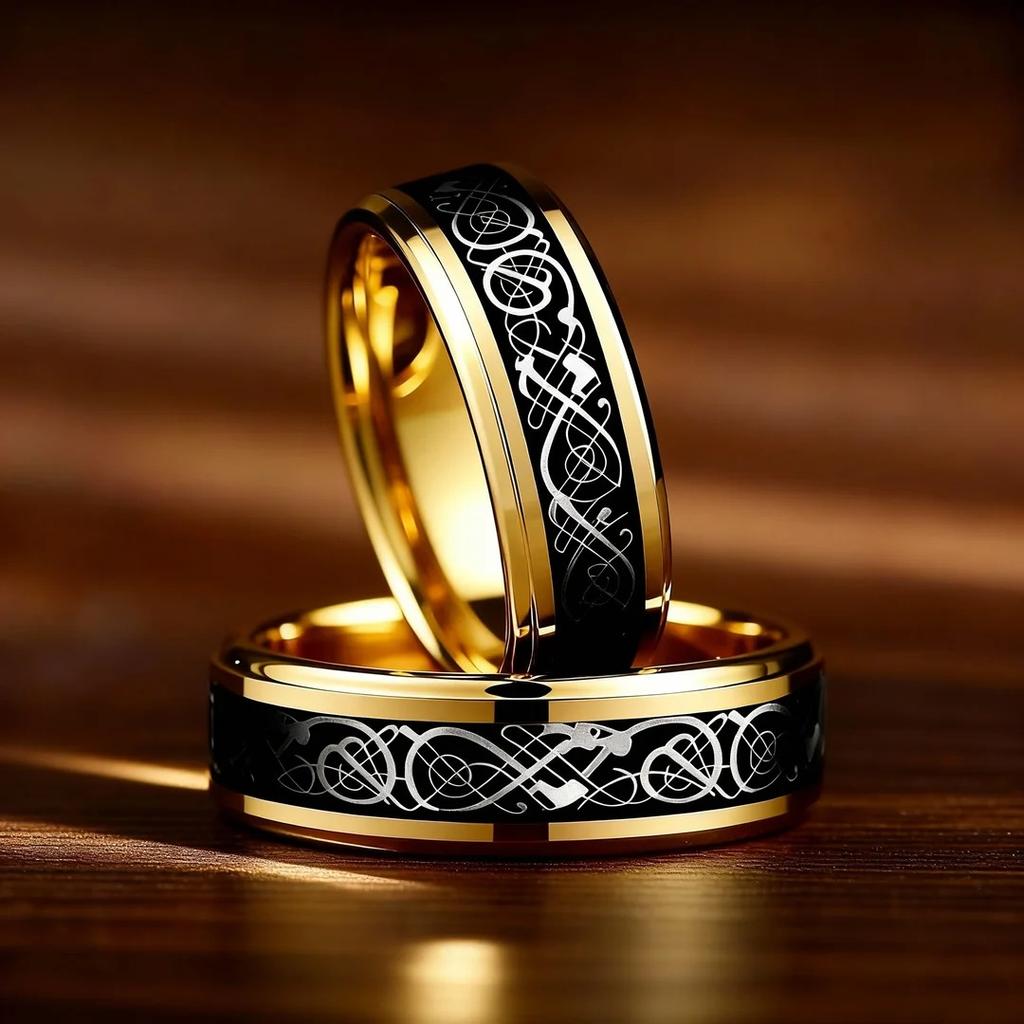 Wholesale Celtic Black Carbon Fiber Rings, Fashion Gold Color Men Stainless Steel Dragon Rings, Men Wedding Band Jewelry