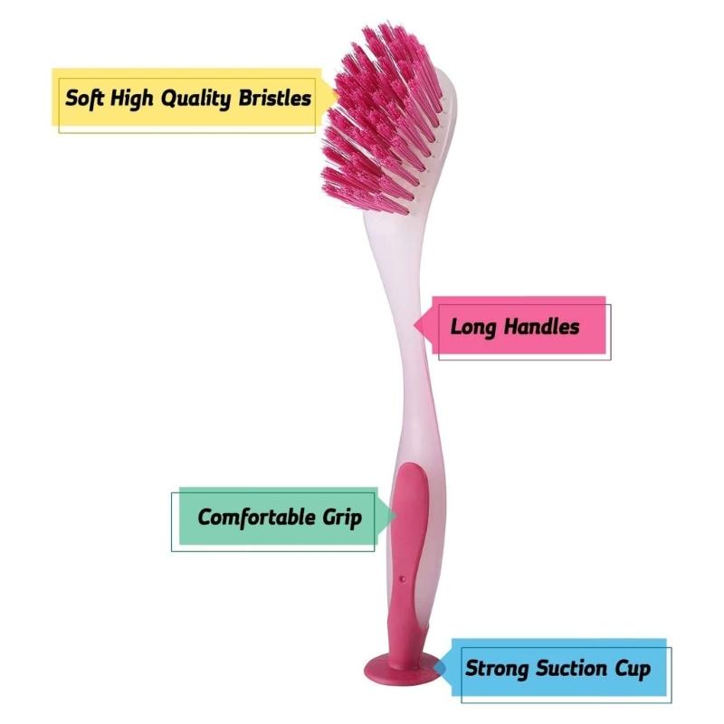 3Pcs Multipurpose Cleaning Brushes With Nonslip Suction Cups Extended Handle Design Colorful Home Cleaning Accessories