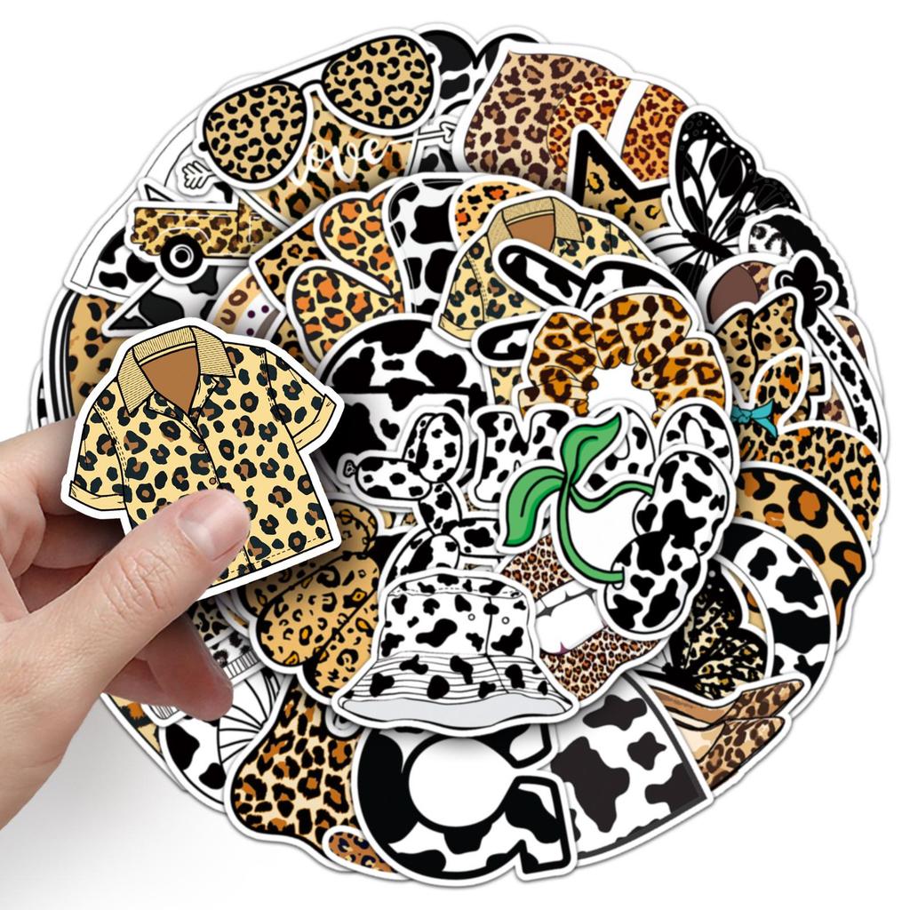 50 Leopard & Cow Print Graffiti Stickers: Waterproof Decorative Set for Phone Cases, Water Bottles, Suitcases