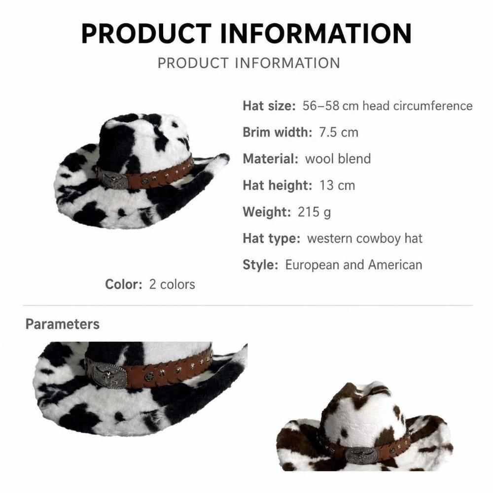Wide Brim Cow Print Hat Leather Strap Western Cowboy Hat Retro Plush Cowboy Hat Outdoor Travel