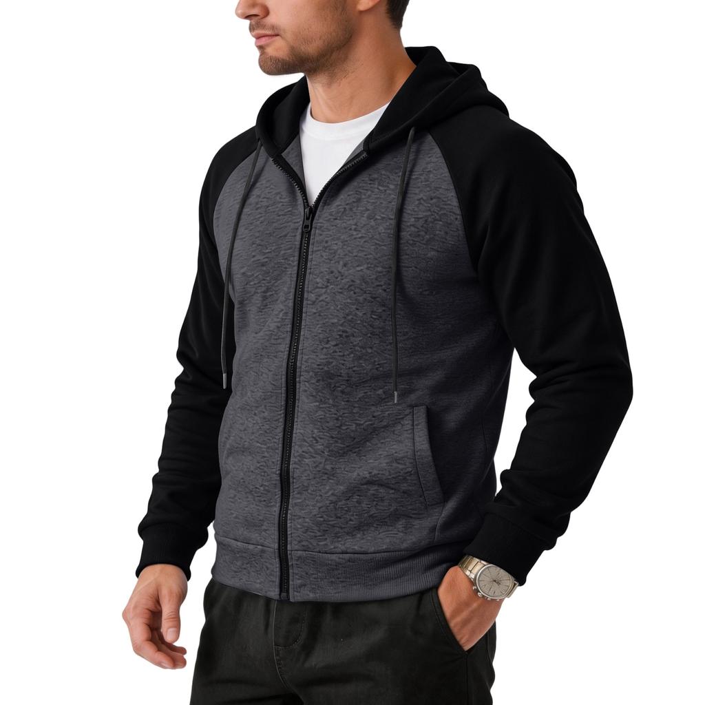 Men's Casual Color Block Zip-Up Hoodie