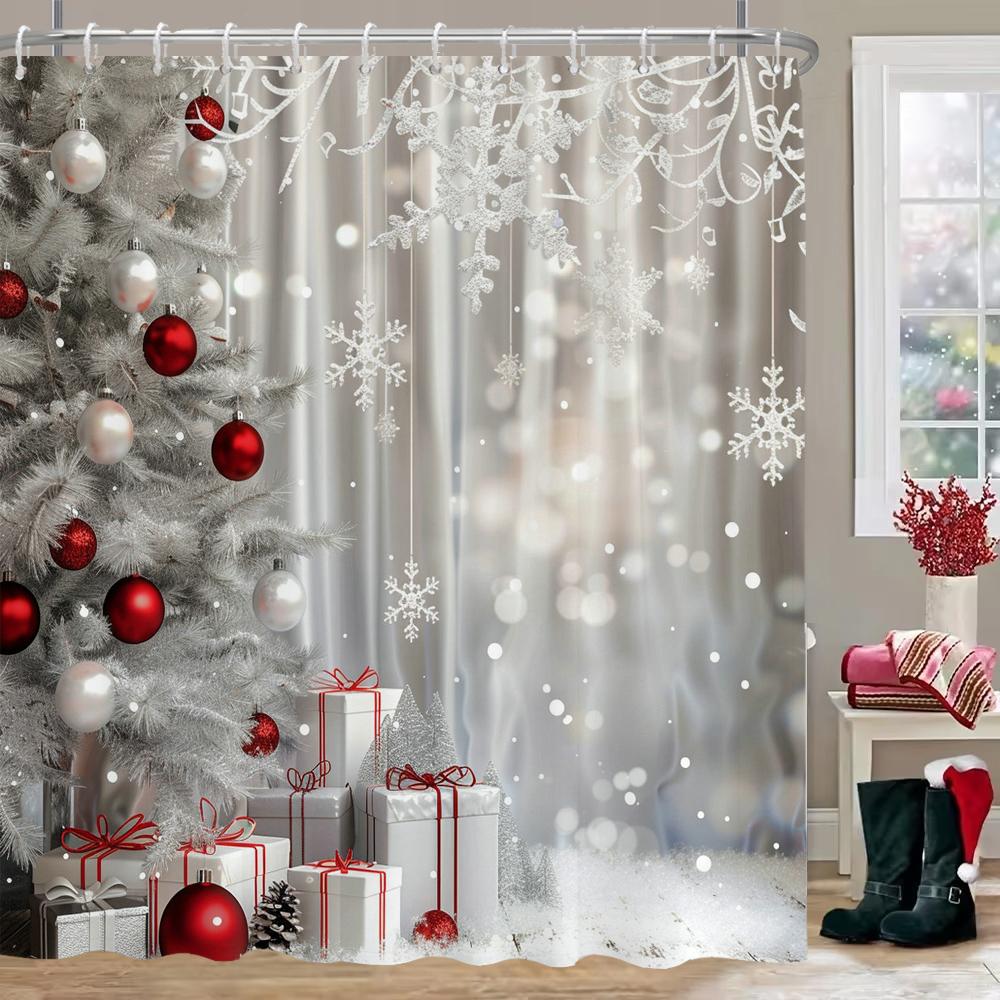 Merry Christmas Tree Bell Print Bathing Curtain Bathroom Shower Curtain,Home holiday Decorative Christmas Curtain with Hooks