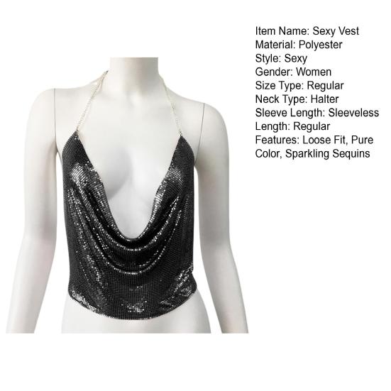 Sexy tílko Dámské s halter krkem Bez rukávů Lesklé flitrované tílka Jednobarevné ramínka na kšandy Letní třpytivá camisole