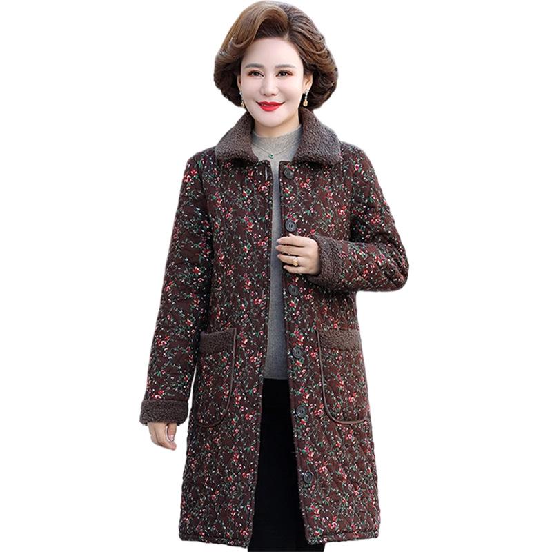 Mamas mittellange Winterjacke mit Blumenmuster - Fleecegefüttert & verdickt für Wärme, ideal für Frauen mittleren und höheren Alters