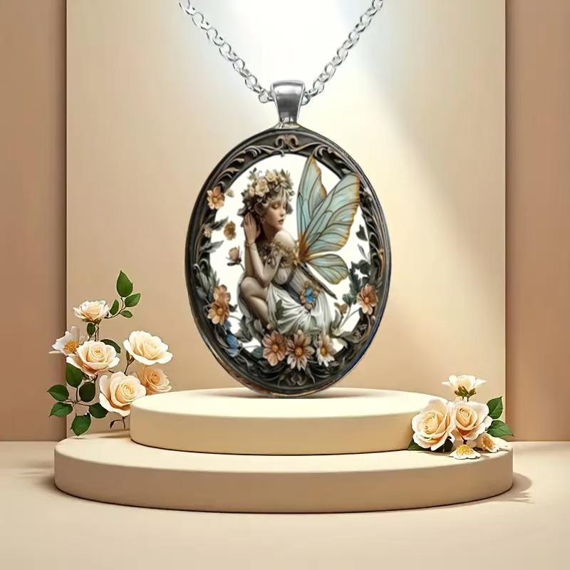A vintage-style angel fairy round pendant necklace with a dreamy flower fairy time gemstone design, suitable for both men and women.