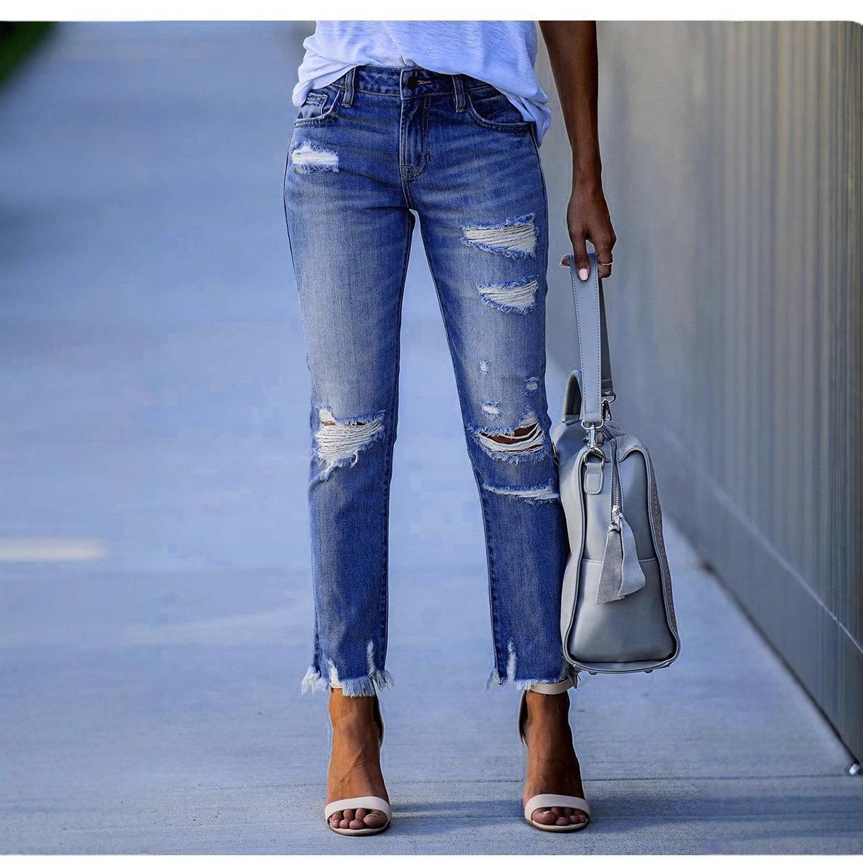 

2025 Washed Ripped Tassel Ladies Skinny Jeans - European & American Slim Stretch Style Extra Large темно-синий
