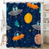 UFO Cat Space Shower Curtain Blue Galaxy Design for Kids Bathroom Decor.
