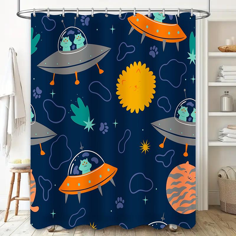 UFO Cat Space Shower Curtain Blue Galaxy Design for Kids Bathroom Decor.