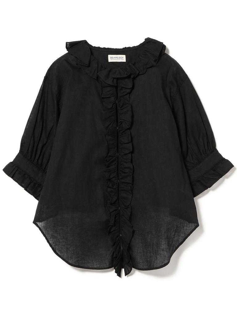 Beams Boy Short Sleeve Cotton Linen Shirt with Ruffles and Gathered One Size Women's Trim, Black,