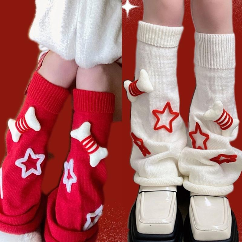 Meias longas Lolita femininas para outono e inverno, aquecedores de perna estilo Harajuku, adoráveis, com pequenos ossos em 3D e estrelas tricotadas, polainas para botas.