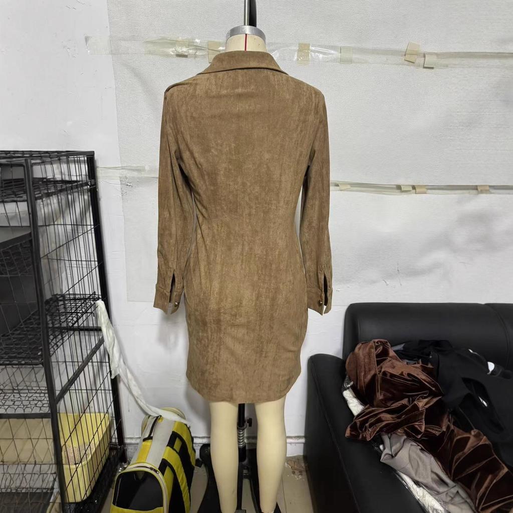 Brown Long Sleeve Suede Belted Dress