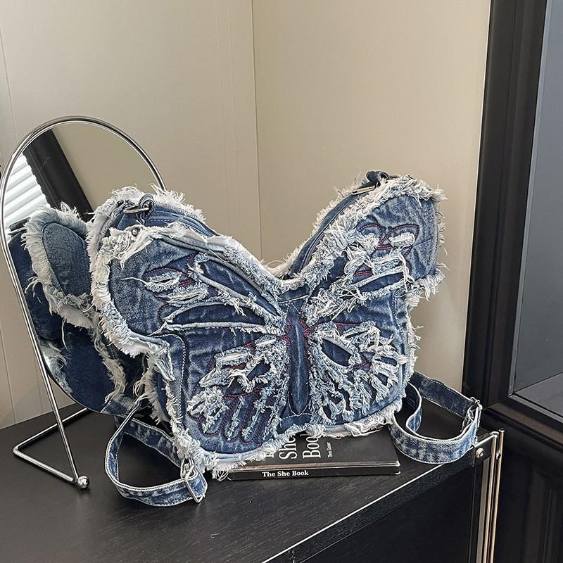 Džínový Batoh ve Ins Stylu s Starou Motýlí Taškou, Personalizovaný, Ramenní, Podpažní, Niche Design