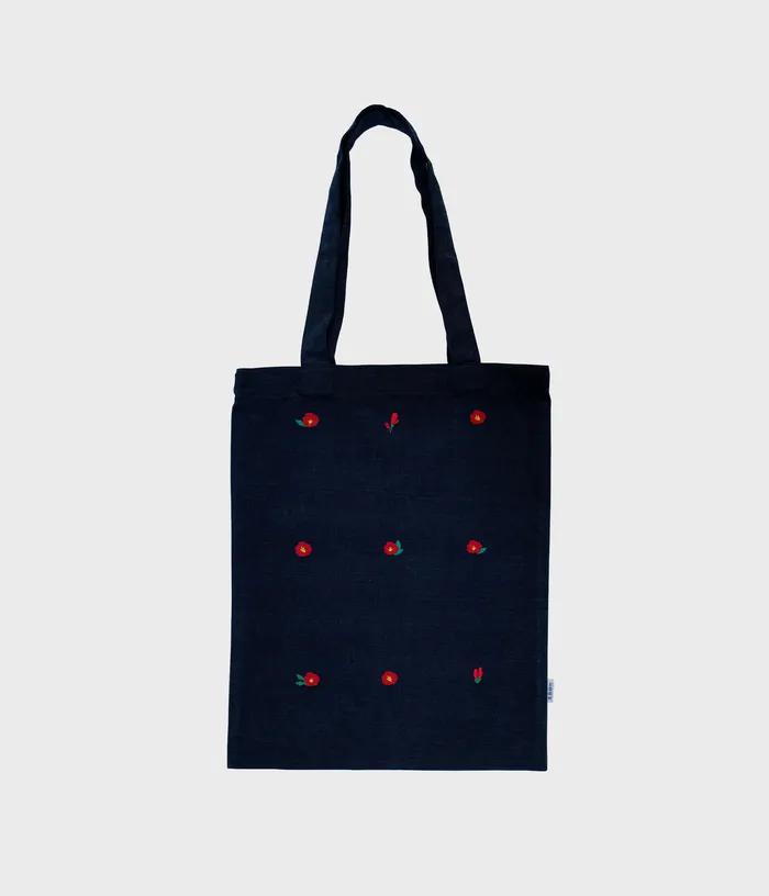 Camellia Embroidered Pure Cotton Eco Bag Navy