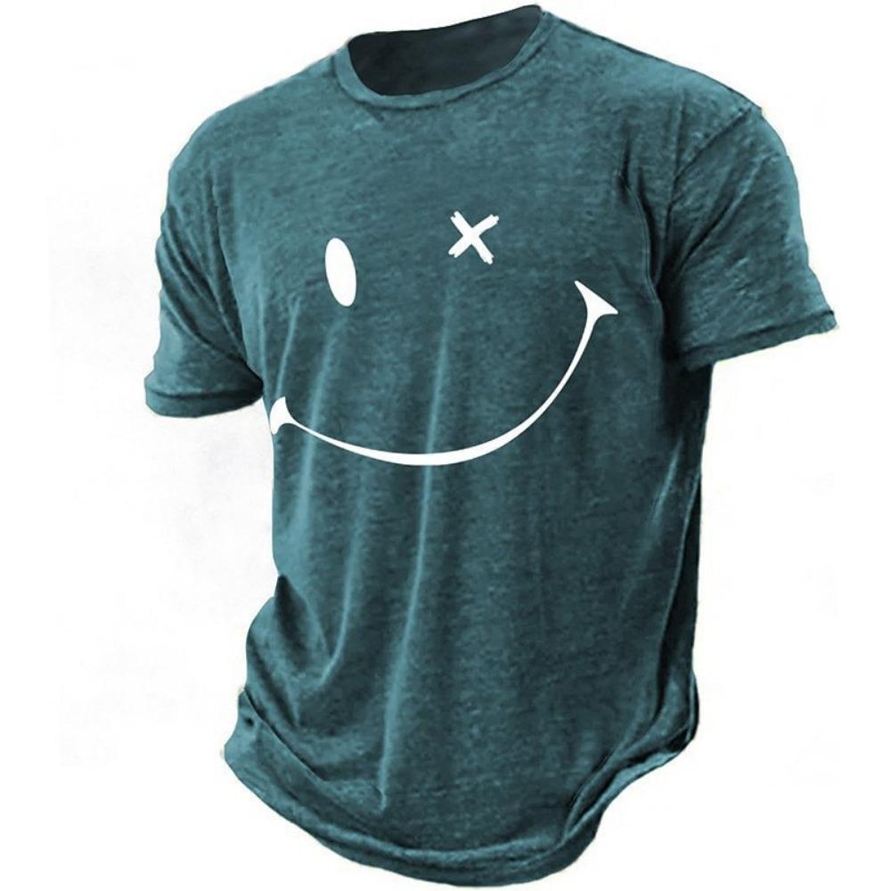 

European and American Men s T-shirt with Smiling Graphic Print, Casual Outdoor Daily Short Sleeved Top S бирюзовый