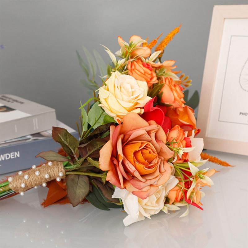 Exquisite Waterdrop Design Autumn Orange Flower Handheld Artificial Bouquet for Home Decoration and Events