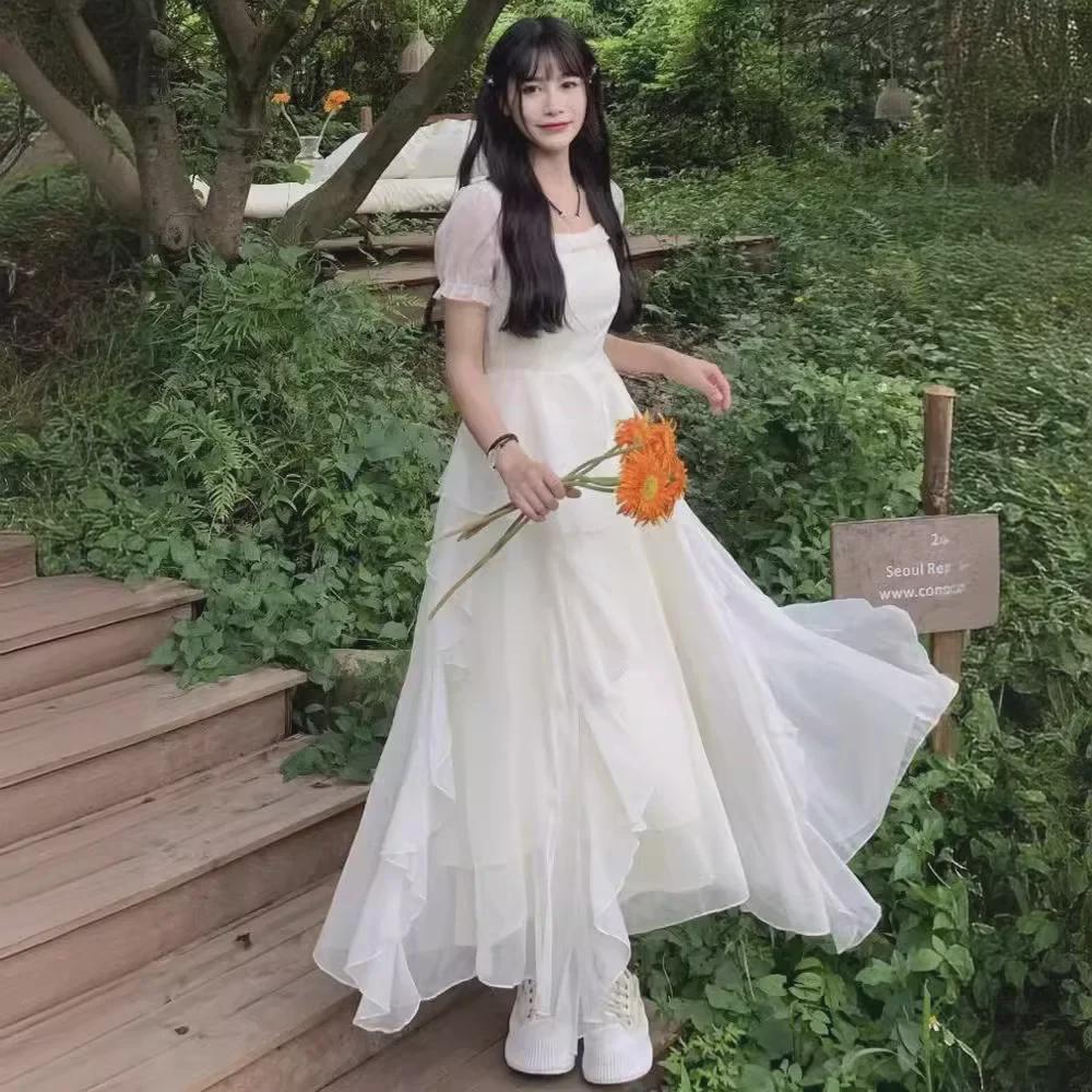 Elegant Niche Design Square Collar Puff Sleeve Dress for Women