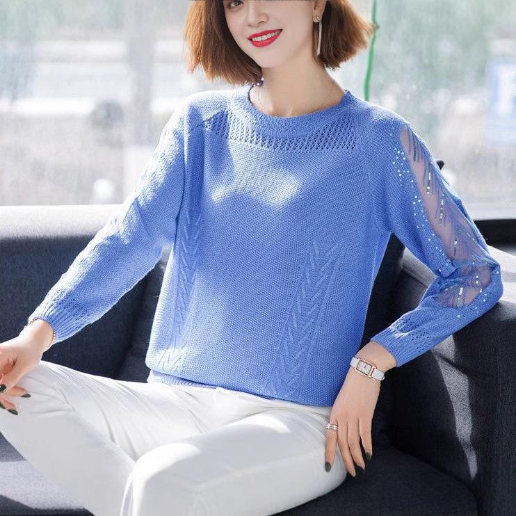 Hollow Lace Knitted Sweater for Women In Spring and Autumn Loose Long Sleeved Base Shirt for Women