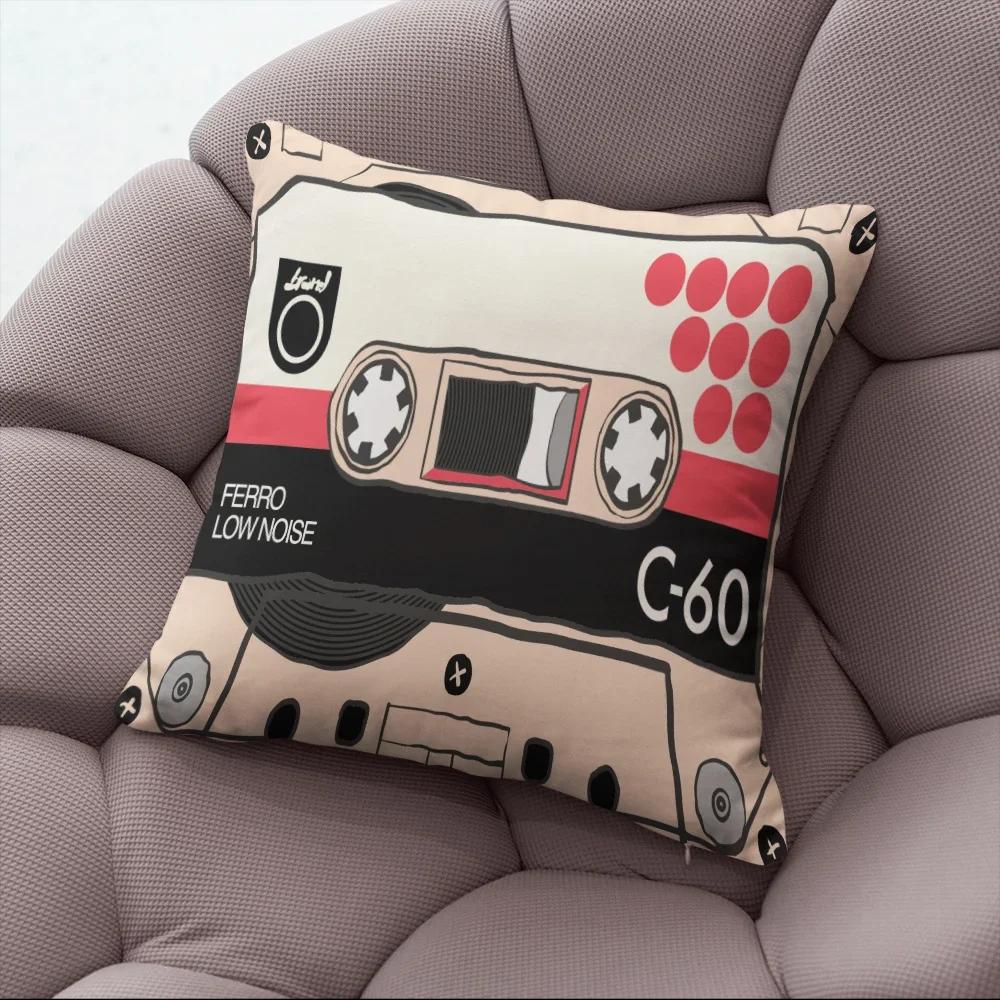 Fun Decorative Pillow Cover With Music Tape Print Cute Kawaii Camera Sofa Bedside Cushion Cover Short Plush Zipper Pillowcase