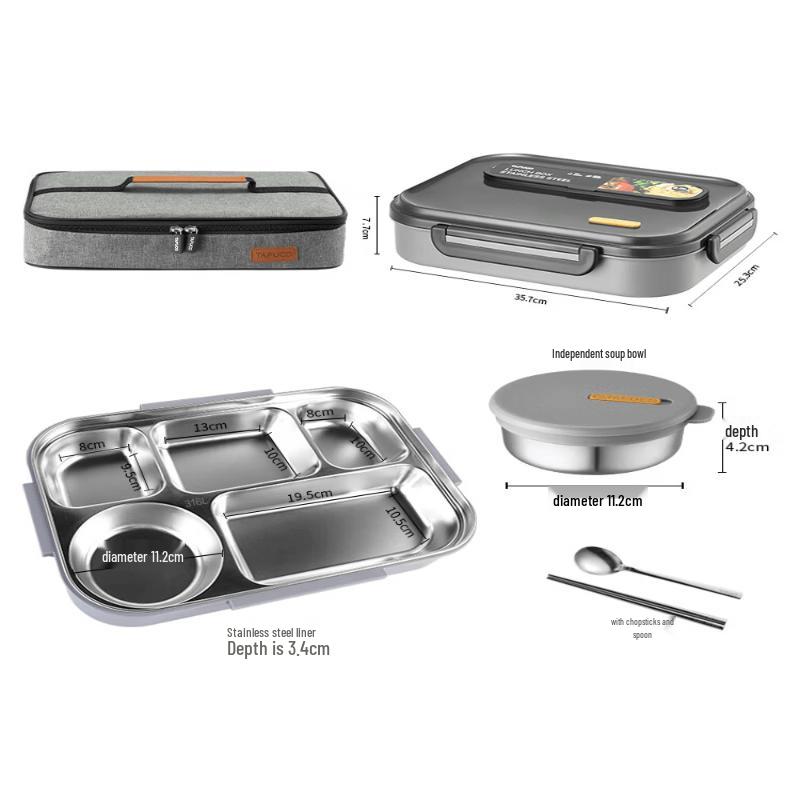TAFUCO 304 Stainless Steel 5-Compartment Bento Lunch Box with Insulated Bag and Cutlery