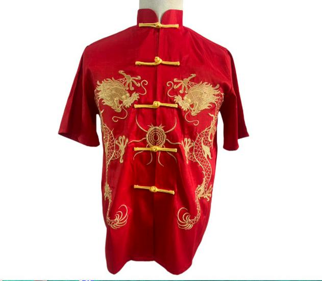 Men's Bright Red Embroidered Dragon Tang Suit Jacket - Long Sleeve, Stand Collar, Double Layer, Open Front Retro Design for New Year Performance.