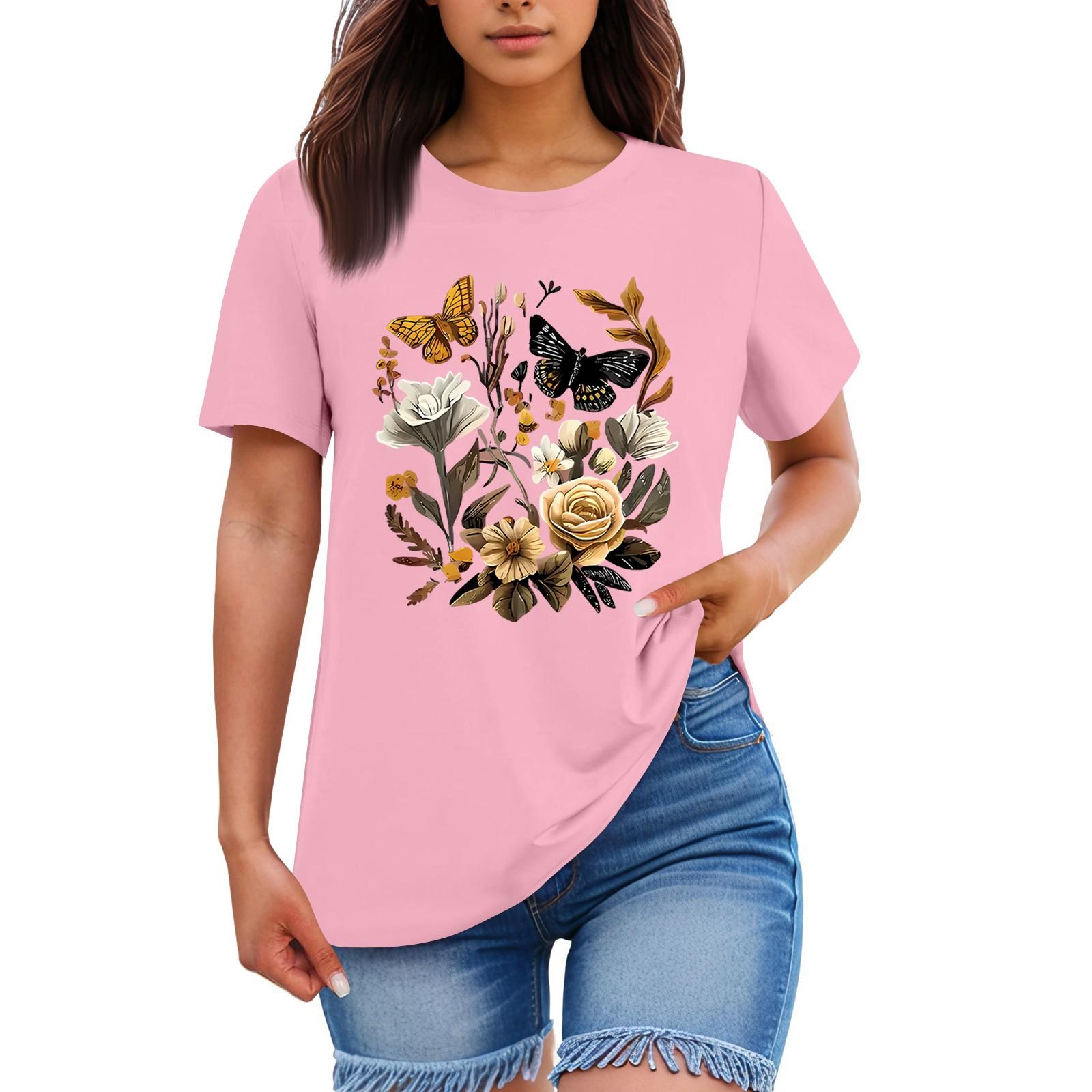 

Женская свободная удобная повседневная модная футболка с принтом растений и цветов, круглым вырезом и короткими рукавами XL розовый