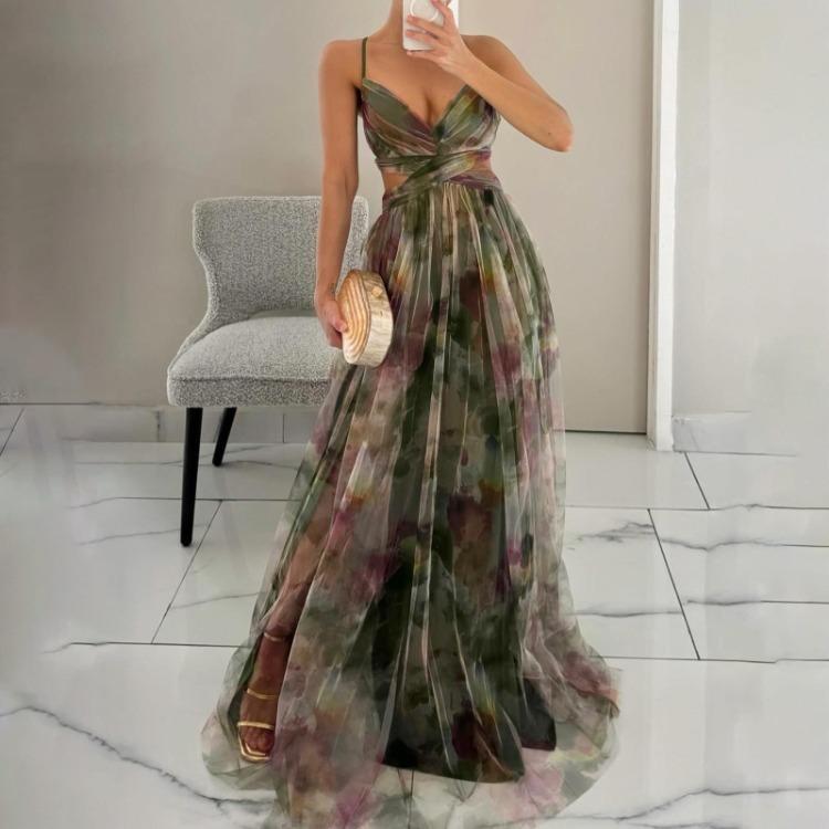 Summer V Neck Casual Party Dress Women Mesh Printed Suspender Holiday Dress