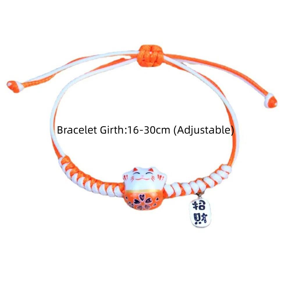 Hand Rope Red Braided Rope Ceramic Cat Pendant Women Hand Ring Minority Maneki Neko Bracelet  Women
