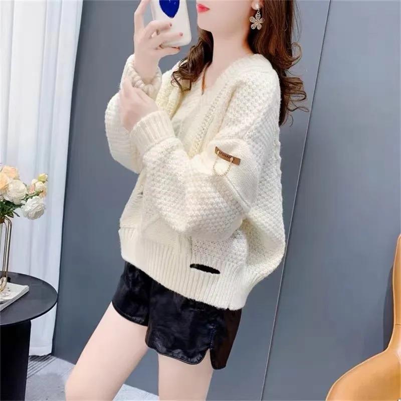 

Женский свитер с треугольным вырезом и v-образным вырезом, короткий свободный вязаный пуловер с жареным тестом, джемпер, новая мода, простой повседневный стиль, весна-осень XL абрикосовый